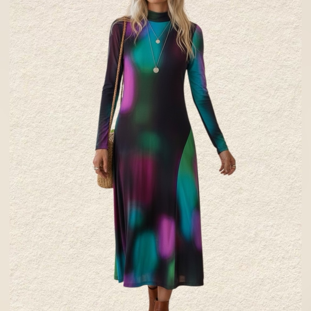 Derhy Long Sleeve Midi Dress | Colorful Gradient | Boho Chic | Size S/M